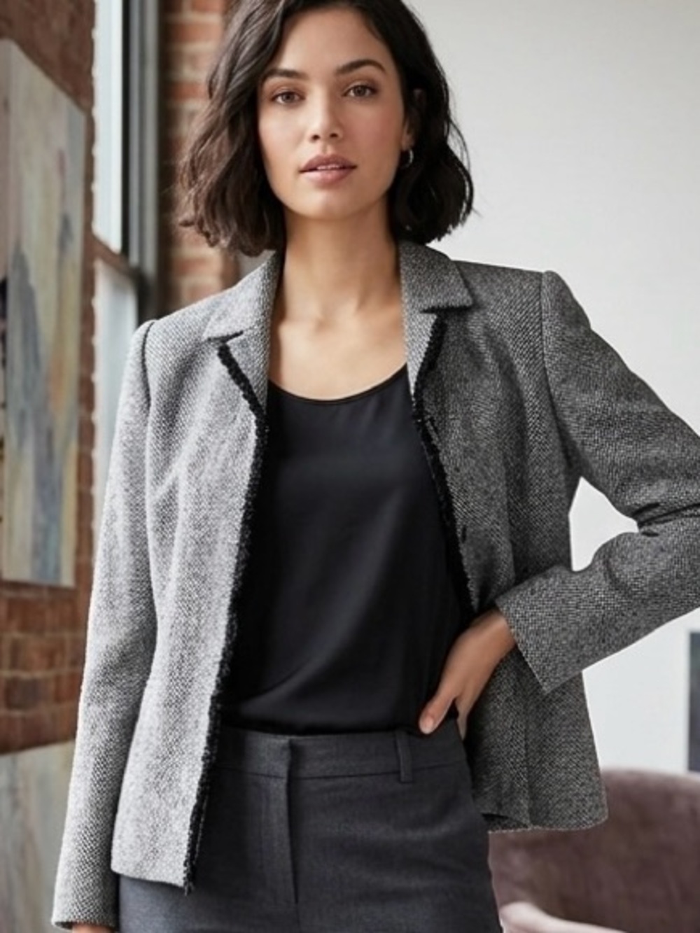 Lord & Taylor Grey Tweed Wool Blend Open-Front Blazer (MINOR FLAW)